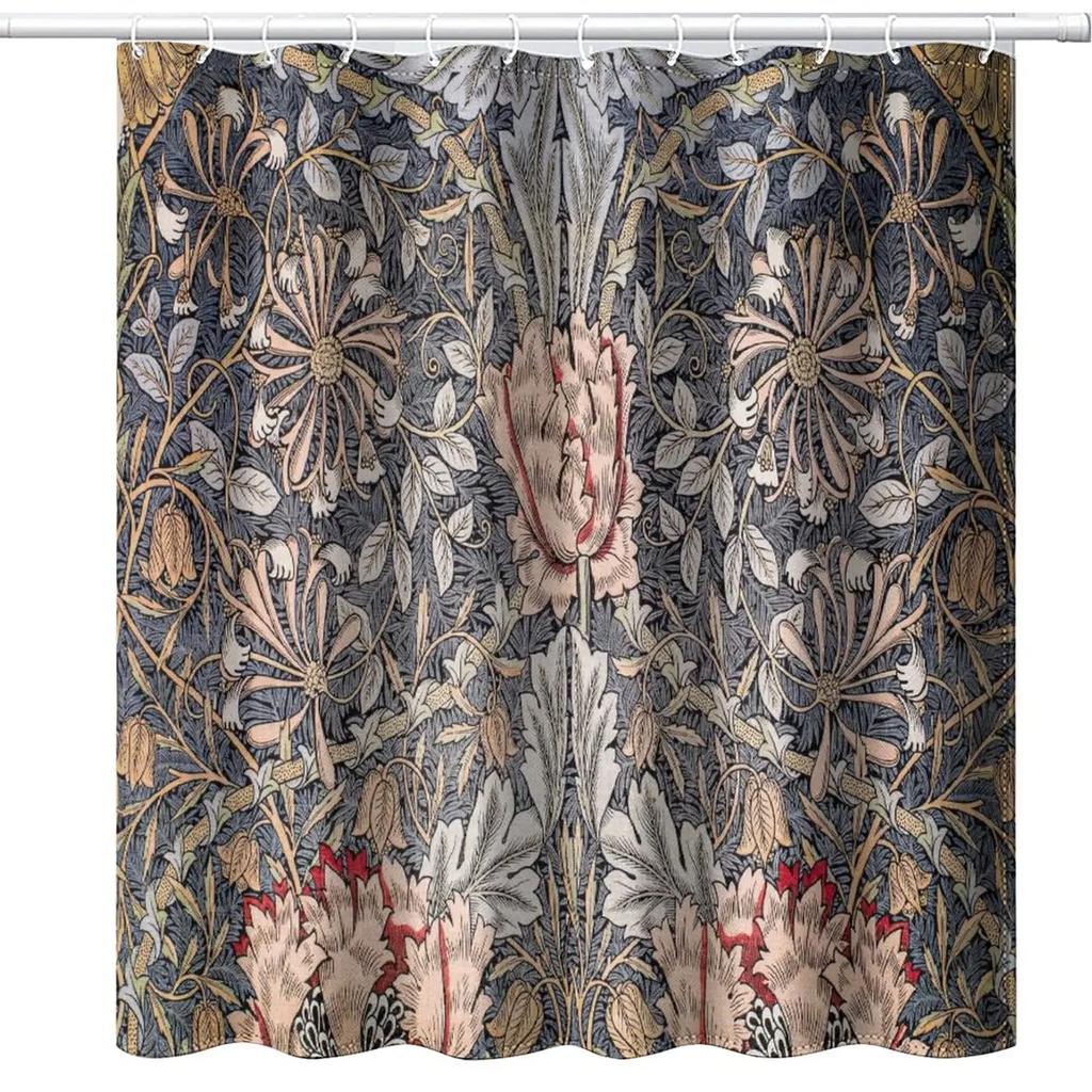Vintage Garden Art Floral Shower Curtain, Heavy Weight Fabric, Washable Bath Curtains for Bathroom