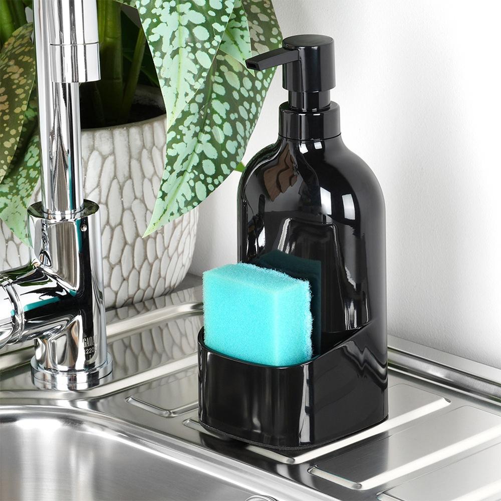 Kitchen Dishwashing Liquid Dispenser Sponge Container Scourer Black for Sink