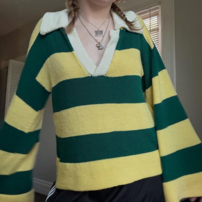 Womens V-Neck Striped Knit Sweater 3D Streetwear Loose Fit Casual Top