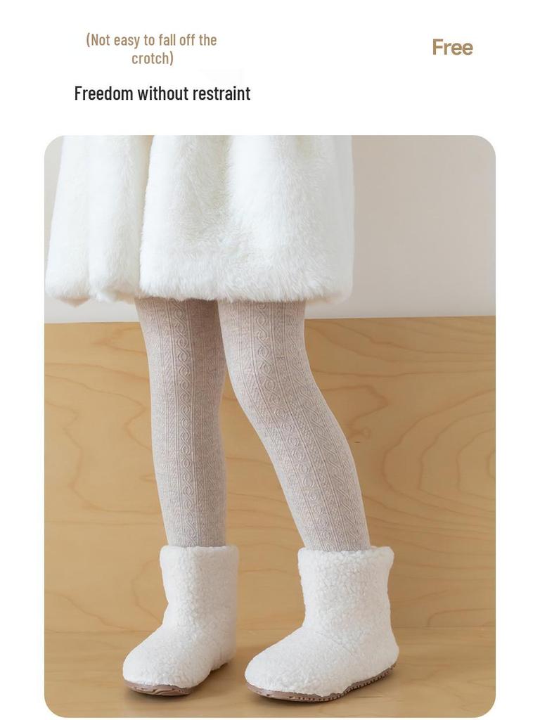 Mädchen Herbst/Winter Verdickte Samtgefütterte Zopfstrickleggings mit Taillenschutz