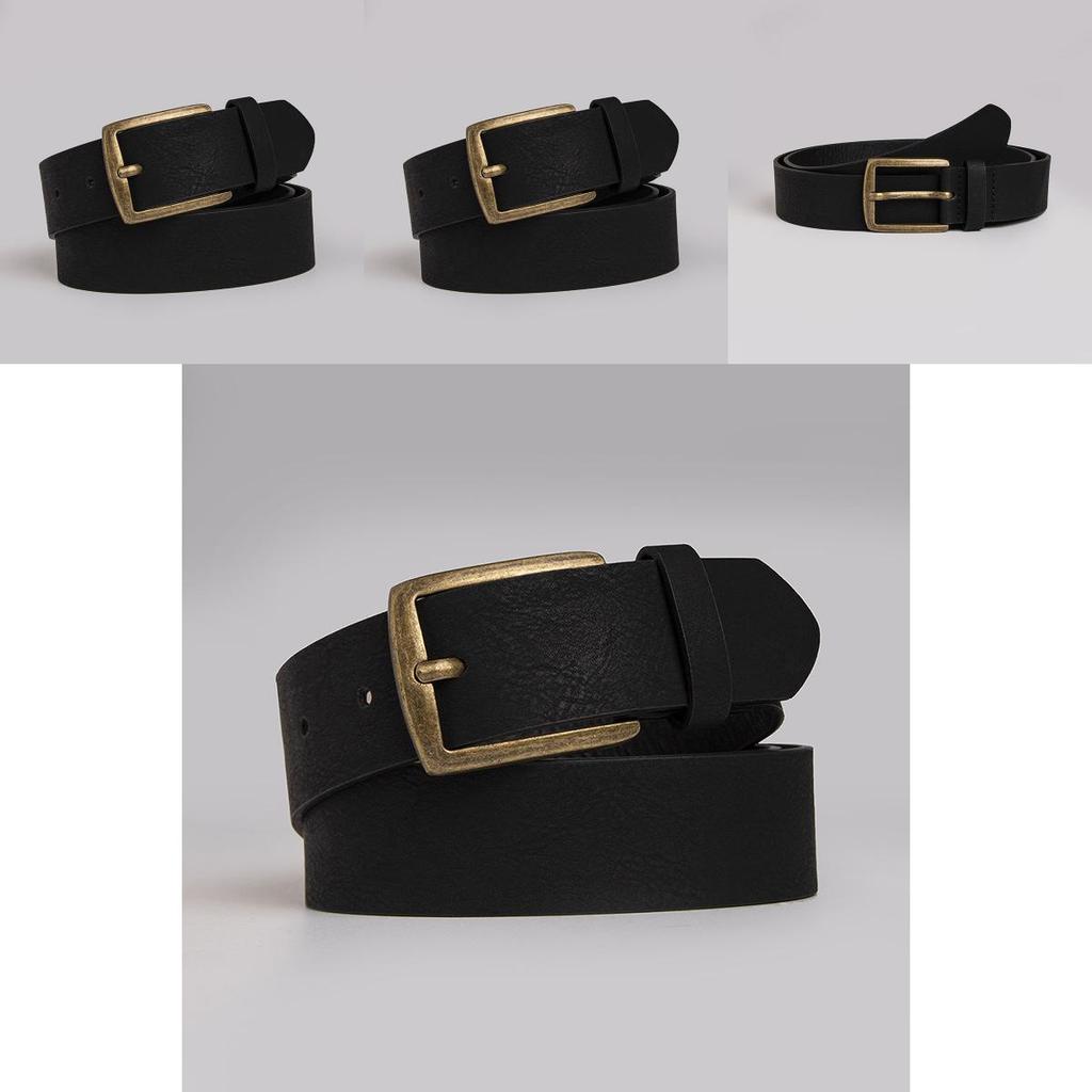 Casual Pu Leather Belt For Men With Vintage Copper Buckle And Modern Line Accents