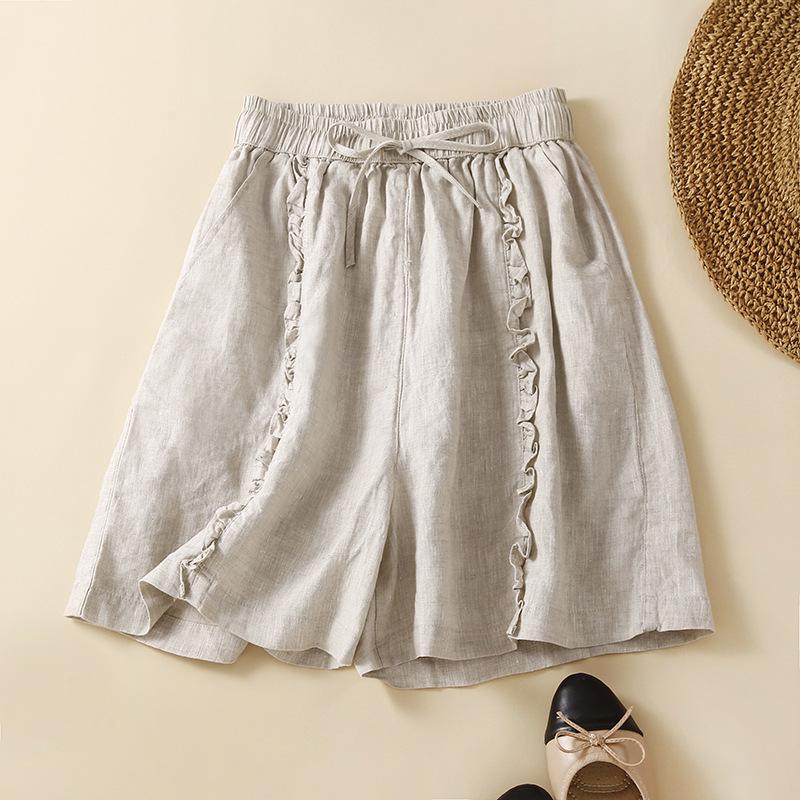 Women's Summer 2024 Retro Cotton Linen Ruffle Wide-Leg Shorts - Casual, Loose Mid-Length.