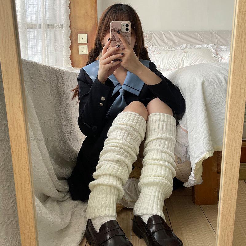 Women White Leg Warmers Fashion Lolita Long Socks JK College Style 70cm Knitted Lengthened Warm Sock Winter Over Knee Boot Cuffs