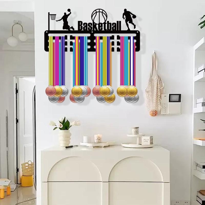 1pc wall mounted basketball medal display stand with multiple hooks, perfect for competitions and sports, used for installing an