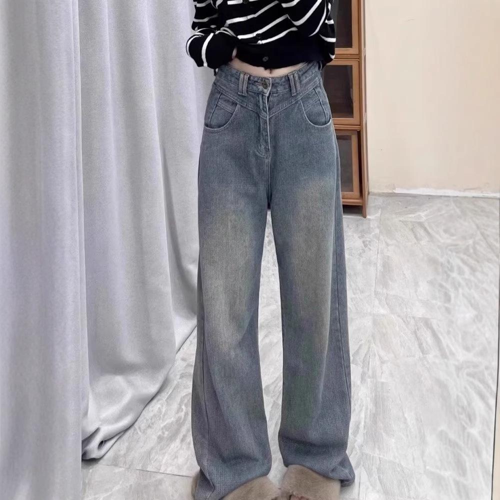 Women's 2024 High-Waisted Fleece-Lined Wide-Leg Jeans: Autumn & Winter Loose, Slimming, and Versatile Straight-Leg Pants.
