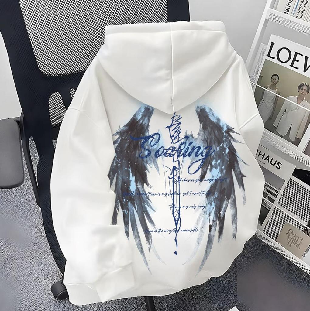 Felpa con Cappuccio da Uomo Taglie Forti con Stampa ad Ali - Streetwear Americano Trendy, Autunno/Inverno, Foderata in Velluto, Vestibilità Casual Ampia