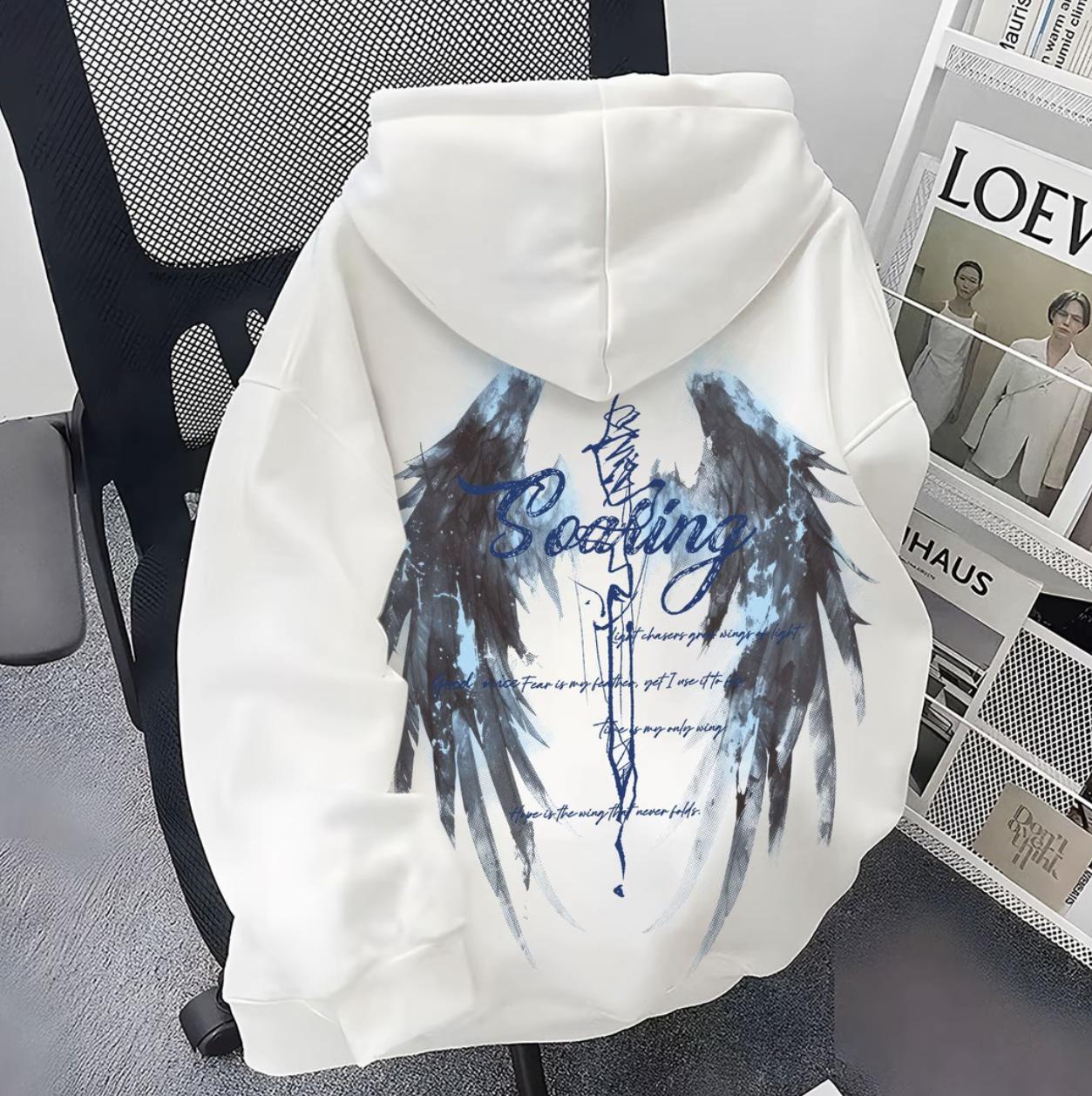 Plus Size Men s Wing Print Hoodie - Trendy American Streetwear, Autumn/Winter, Velvet-Lined, Casual Loose Fit M