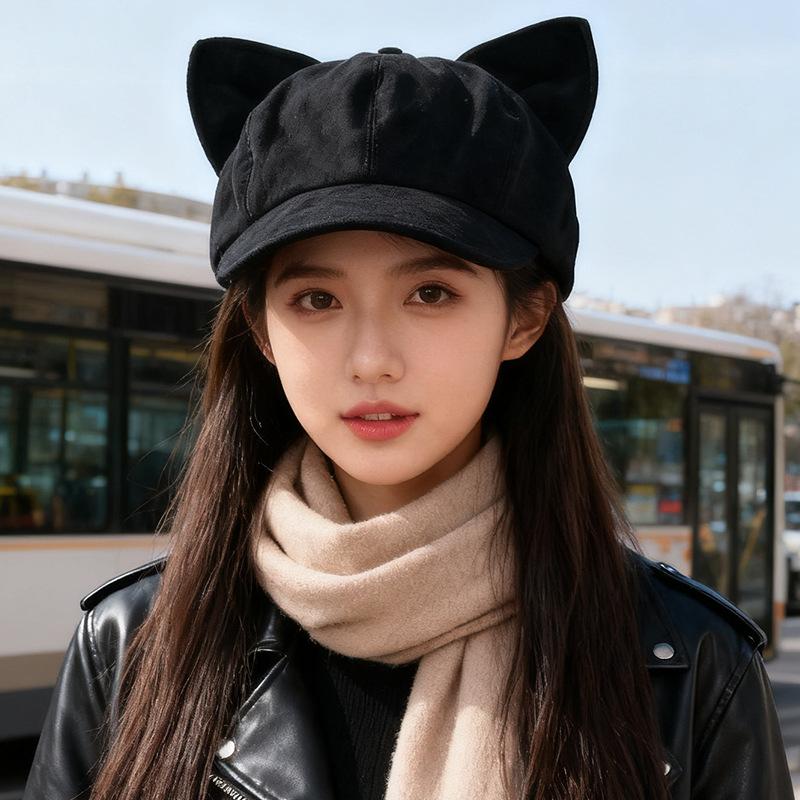 Autumn and Winter Suede Cat Ear Beret Women's Retro Face Showing Small Octagonal Hat Casual Versatile Trendy Painter Hat