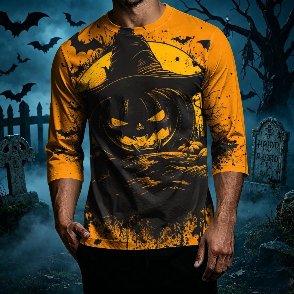 Men's Casual Halloween Graphic Crew Neck T-Shirt Three Quarter Sleeve Top Printed Design Comfortable Fit