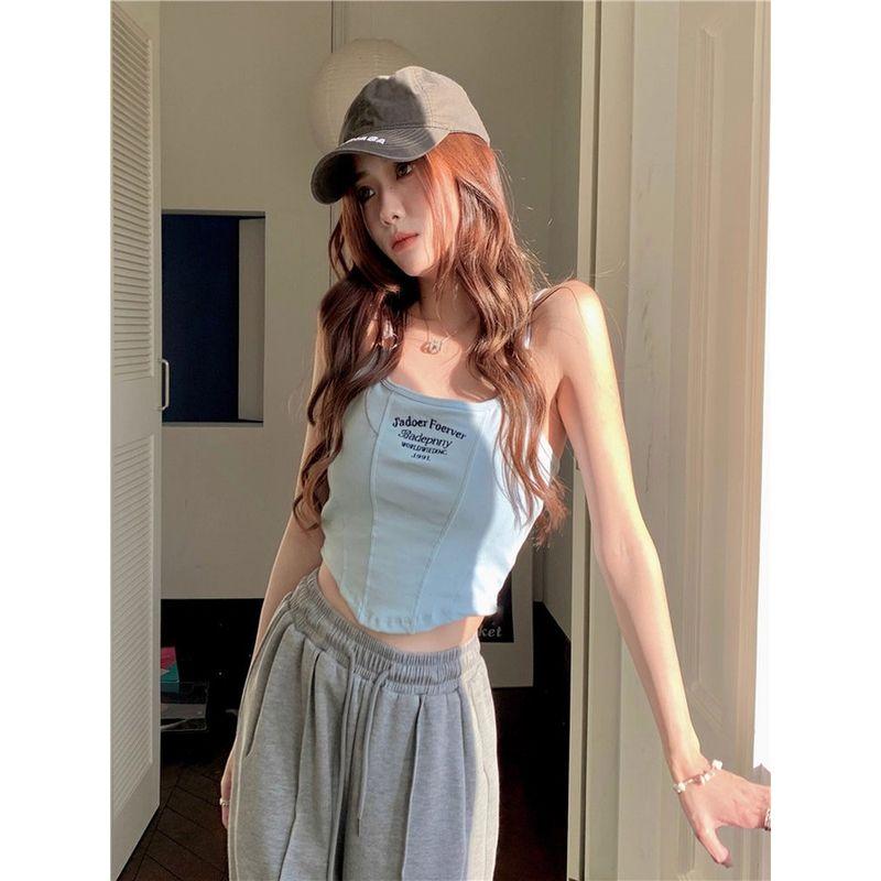 Pure Desire Style Blue Sexy Letters Embroidered Strap Vest