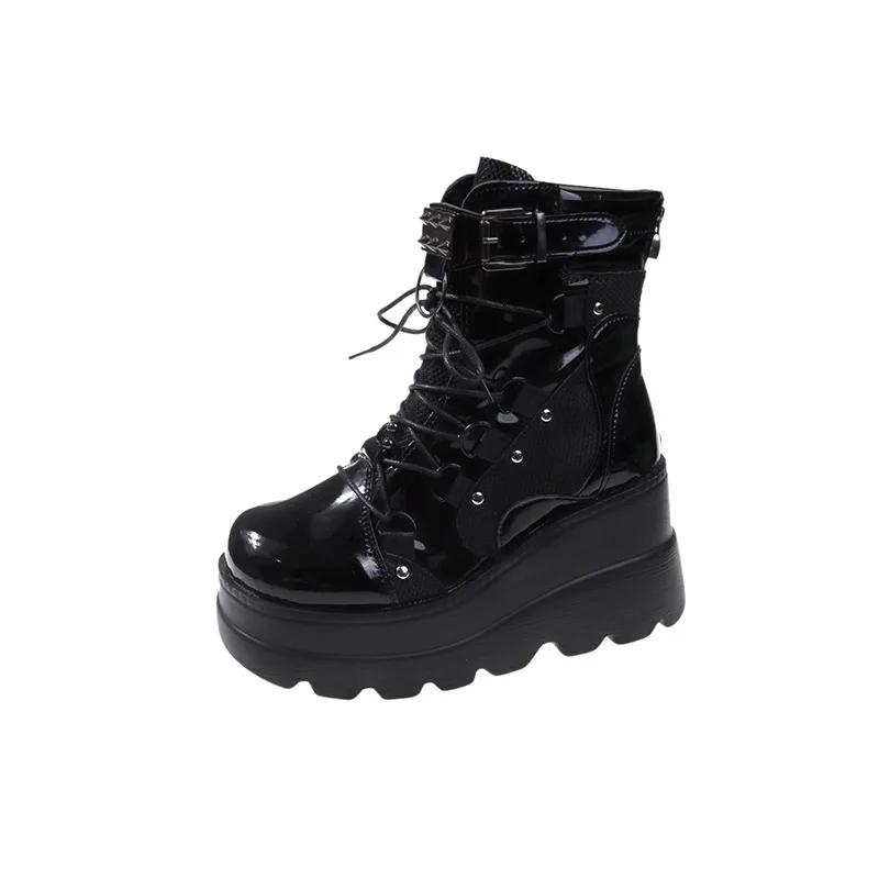 Novo Design Botas Punk Góticas para Motociclista Plataforma Salto Alto Grosso Cano Curto Botina Feminina Cool Salto Anabela Sapatos Femininos Pretos