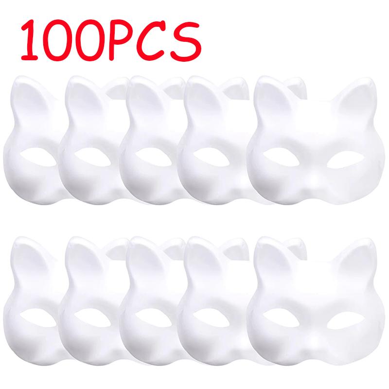 10/20/30/50/100PCS White Mask Halloween Cosplay Cat Masks DIY Paintable Half Face Mask Animal Costume Party Decorate Craft Prop