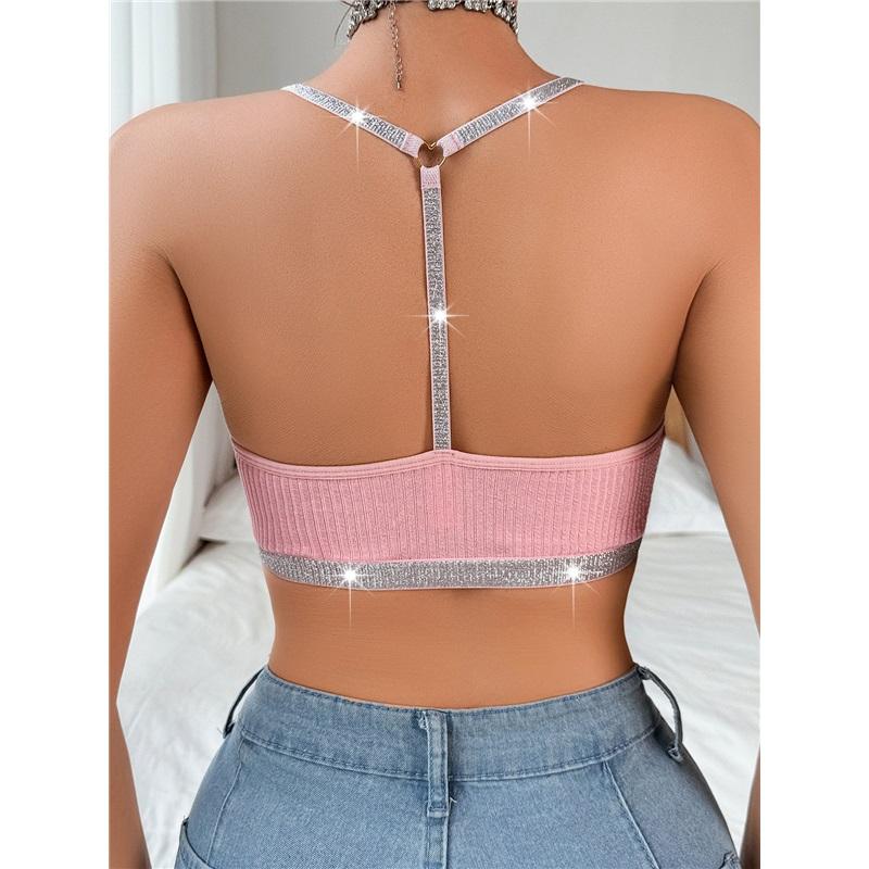 Halter Spitzenbesatz Rückenfreier BH mit silbernem Band Stilvolle Unterwäsche Camisole BH für Oberbekleidung Damenmode-BH