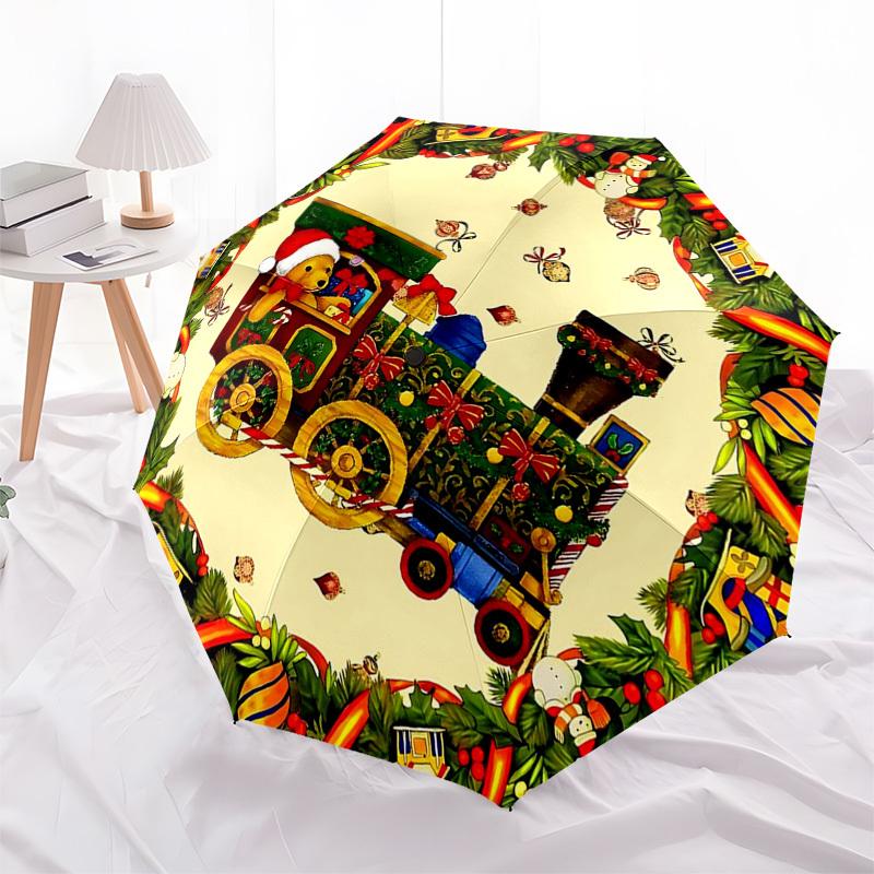 1 Stück Weihnachts-Zug Automatischer Öffnungs-Faltregenschirm - 8 Speichen Eisenrahmen, Outdoor, Festliches Geschenk für Fans, Reisende, Tägliche Nutzung.SS090