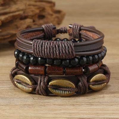 Stile Letterario Retrò Guscio in Lega Braccialetto in Pelle Intrecciato a Mano con Perline Multistrato e Perline di Legno Set da Quattro Pezzi