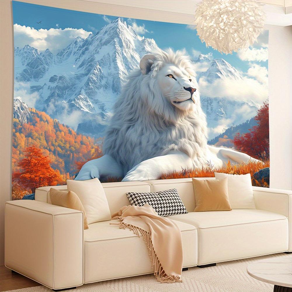 White Lion Tapestry Wall Hanging, Snow Mountain And Autumn Forest Landscape, Majestic Animal Art Decor For Living Room Bedroom