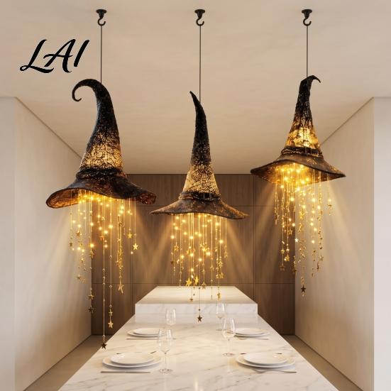 Halloween Witch Hat Hanging Lights 2 Pcs Light Up Black Mesh Chime Glowing Battery Operated Lamp with Cascading Stars for Window Patio Porch