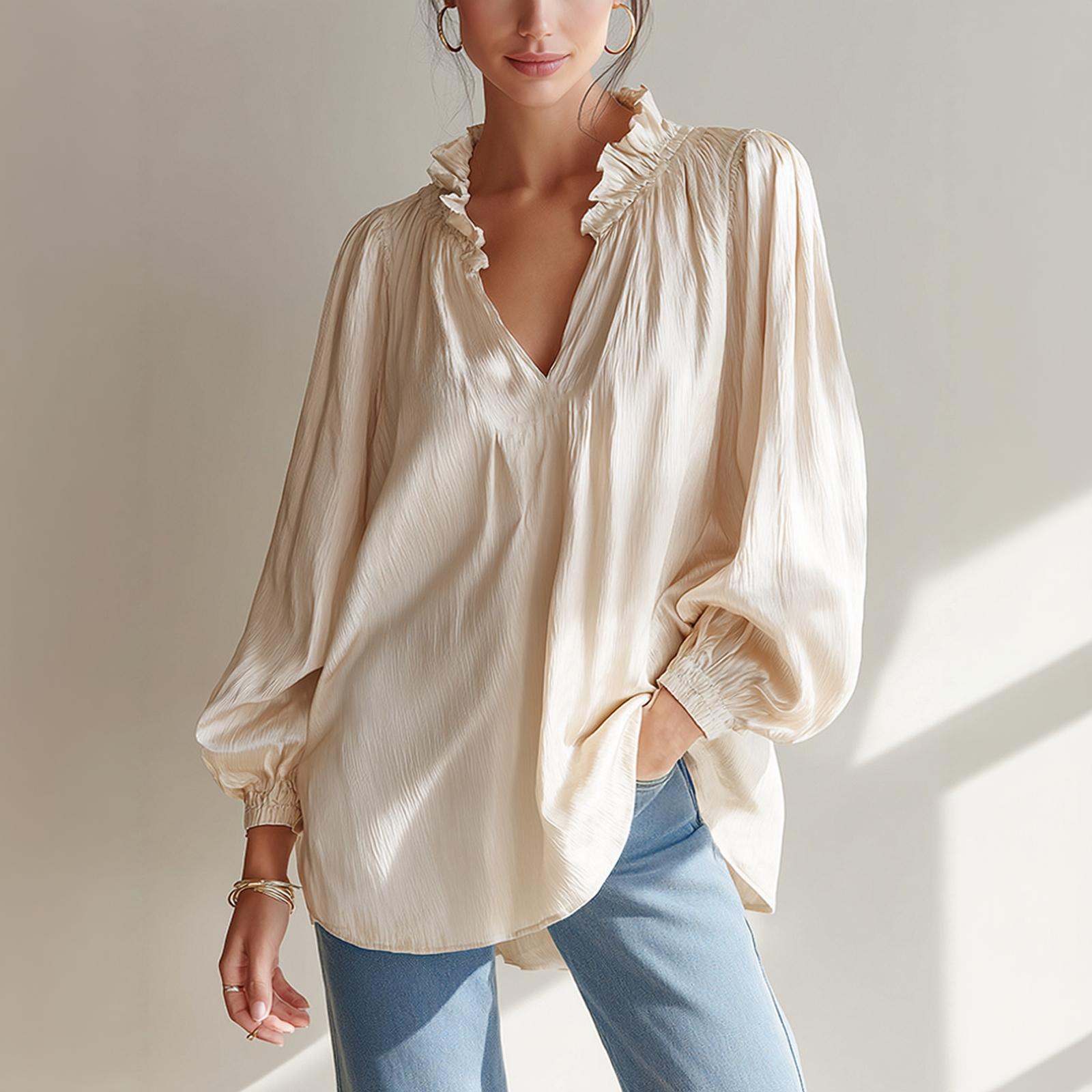 Women s Satin Blouse with Ruffle Trim V-Neck Loose Fit Puff Sleeves for Casual Wear XXL