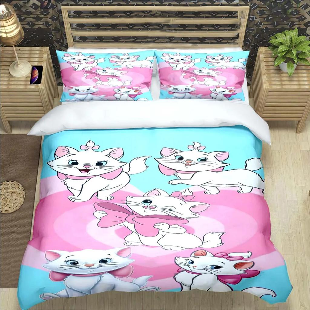 3D Print Marie Cat The Aristocats Bedding Set For Adults Kids, Soft Microfiber Quilt Cover Cartoon Cat Anime Comforter Cover Set