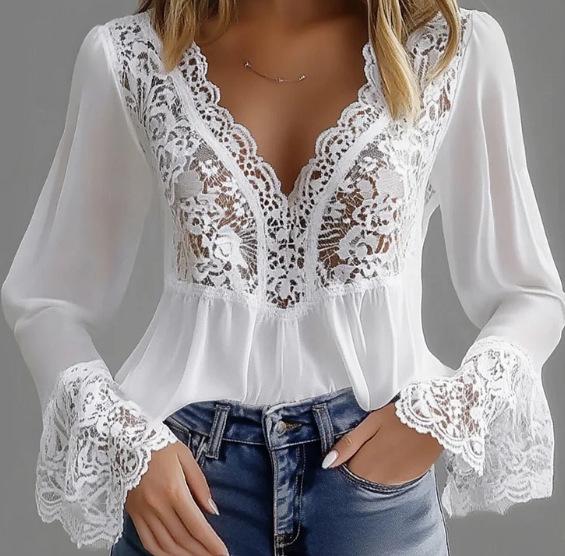 Camisa de Encaje Floral con Escote en V y Mangas Acampanadas para Mujer Europea y Americana, Edición 2026