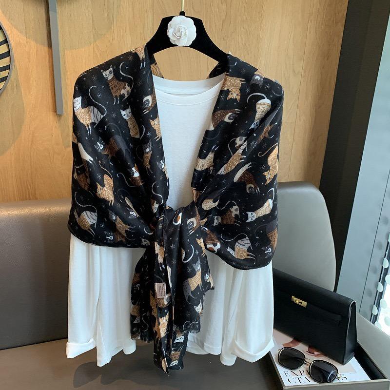 Winter Cartoon Cute Cat Pattern Fringe Viscose Shawl Scarf Lady High Quality Thick Wrap Pashmina Stole Bufandas Muslim Hijab New