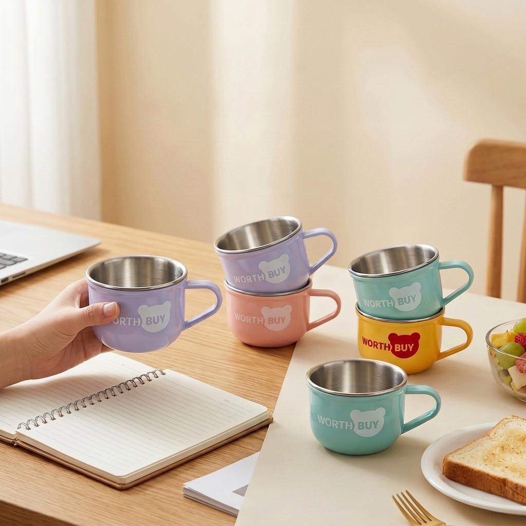Kawaii Cute 304 Stainless Steel Coffee Mug Kids Milk Cup Anti-scald Plastic Tea Water Cups Portable Unbreakable Home Drinkware