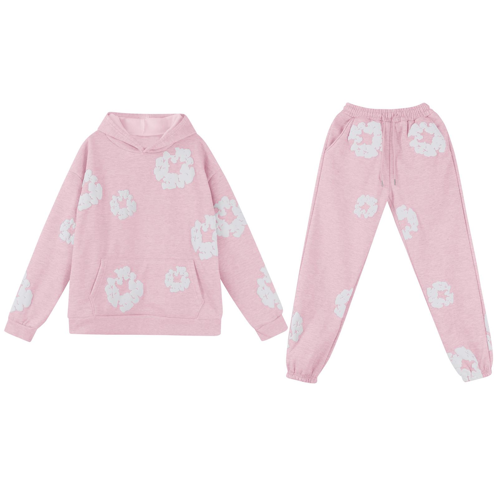 

Женский спортивный костюм с капюшоном, унисекс, двухсекционная одежда для бега, пуловер с длинными рукавами, толстовка с капюшоном + комплект спортивных штанов L розовый