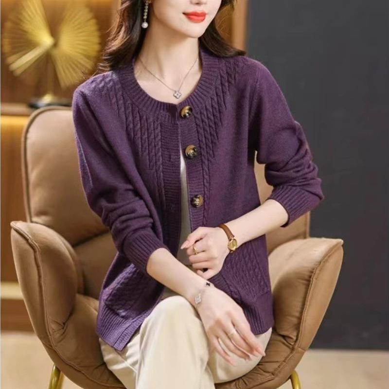 Kardigan s kulatým výstřihem a pleteným vzorem smažených koblih, dámský podzimní a zimní všestranný volný svetr s dlouhým rukávem