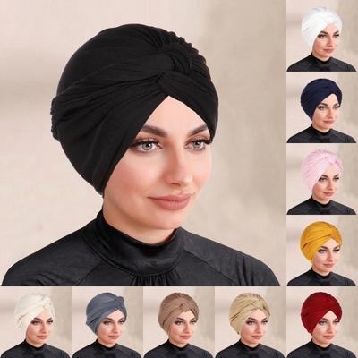 Fashion Vintage Hijab Caps Elastic Wrap Style Twist Knot Turban Hat Breathable Soft Polyester Head Wrap Cap Women Headwear
