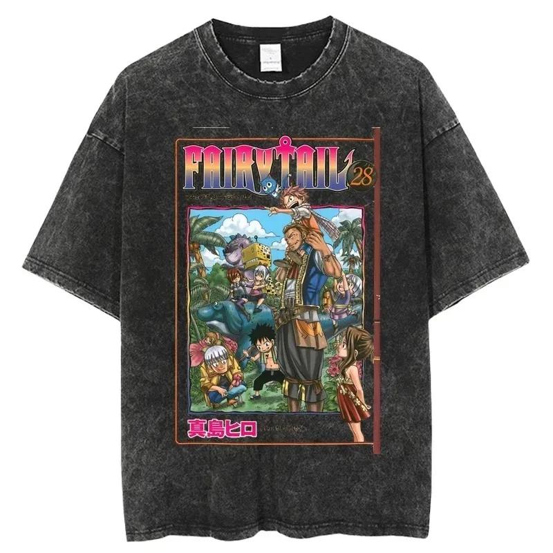 2026 Summer Vintage Washed Fairy Tail Manga Cover Anime T-Shirt Unisex Oversized Streetwear Cotton Short Sleeve Casual Tops