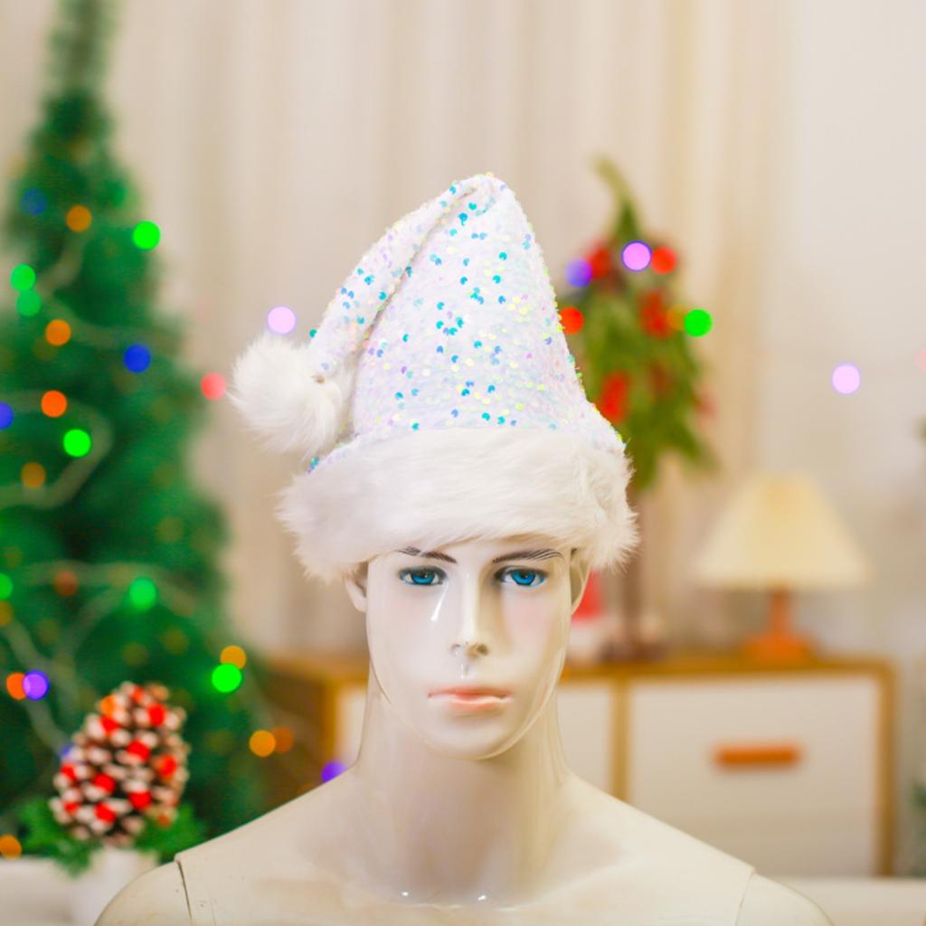 Sequin Plush Trim Santa Hat Christmas Holiday Party Costume Accessory Festive Headwear for Seasonal Celebrations and Events