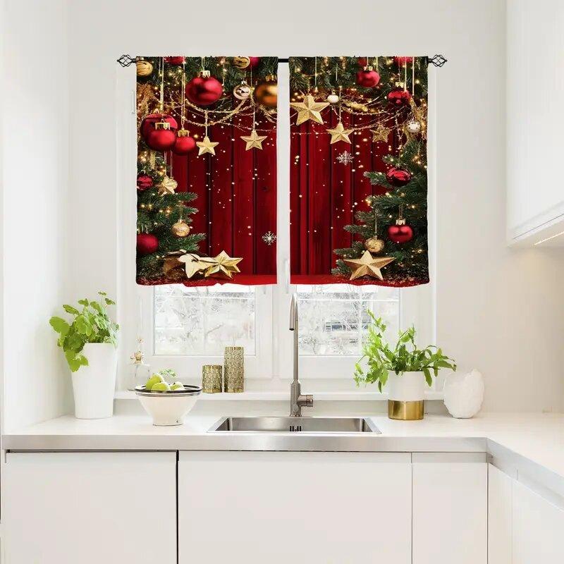 Christmas Pine Tree Printed Curtains Pole Bag Home Decoration Room Curtain Set Of 2 Made Polyester Washable