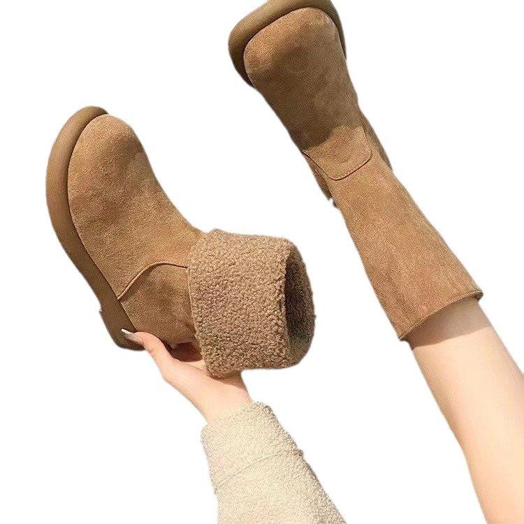 Pure leather two wear flanged flat heel medium boots women's winter plush snow boots warm cotton boots
