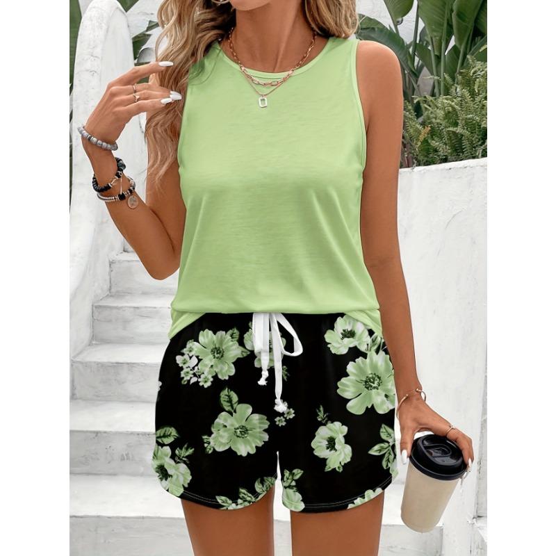 JKASHDK Women's Fashion Casual Summer Spring Flower Pattern Print Sleeveless O-Neck Trousers Pants Suits