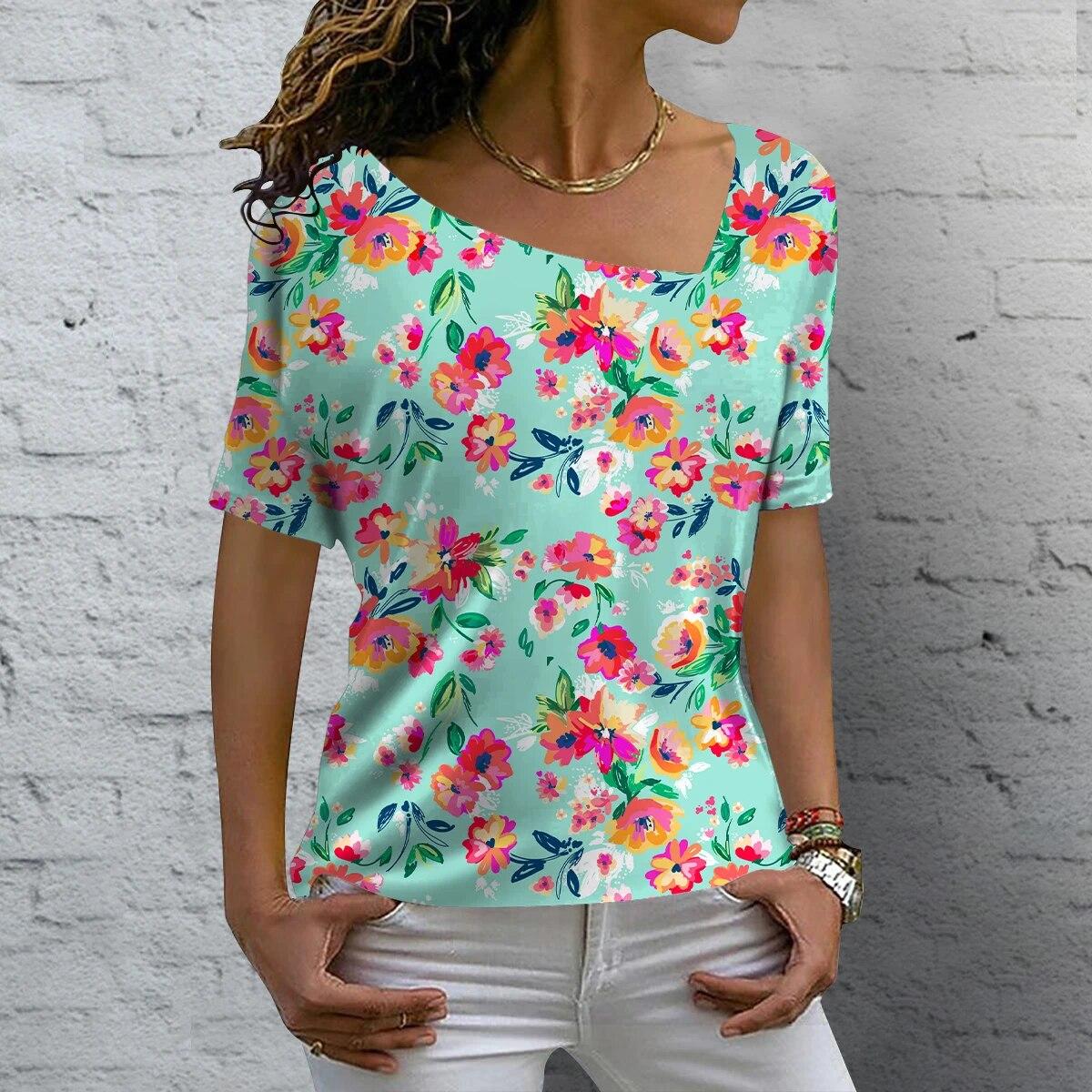 

2023 Новая модная футболка с v-образным вырезом, летняя женская футболка с цветочным принтом и коротким рукавом, повседневная базовая футболка, женские винтажные элегантные топы M
