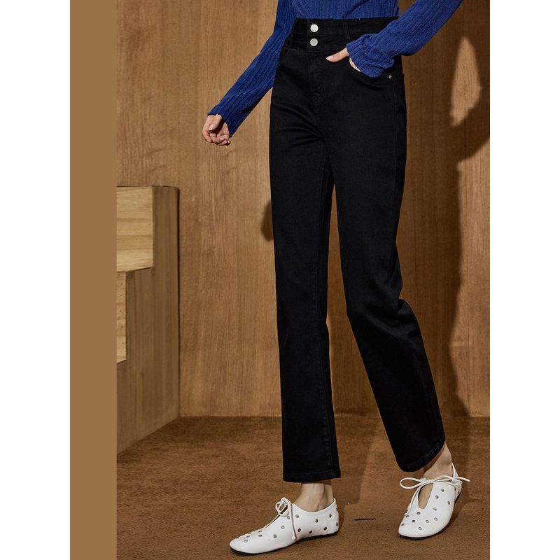 Coolhut2025 Autumn and Winter New Season Fashionable and Versatile Black High-Waisted Slim Cigarette Pants Women's Straight-Leg Jeans