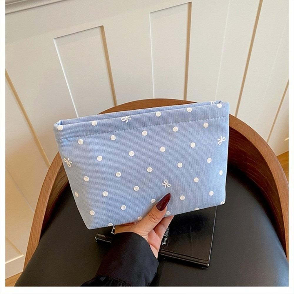 Portable Zipper Corduroy Makeup Bag Polka Dot Lightweight Storage Bag Large Capacity Make Up Organizer Outdoor
