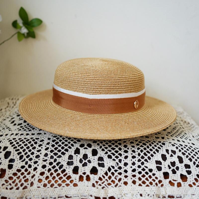 French Retro Elegant Wide Brim Low Top Flat Top Top Top Hat Women'S Summer Sunshade Sun Protection Holiday Beach Sun Straw Hat