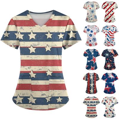 Women's Fashion V-Neck Short Sleeve Overalls With Pockets Independence Day Printed Tops  Clothes