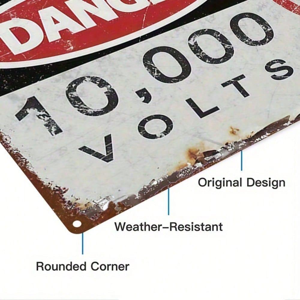 Vintage Danger 10000 Volts Metal Sign 8x12 Inch, Retro 2D Flat Iron Wall Plaque, High Voltage Warning Decor for Office Yard