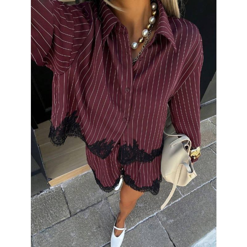 Women Lace Splicing Striped Long Sleeve Shirt And Drawstring Shorts Two Piece Set
