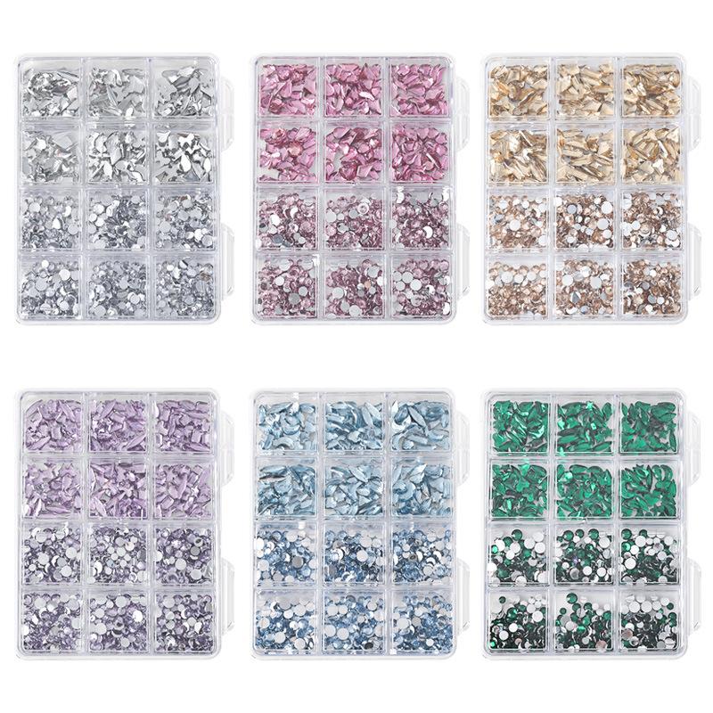 12 Grid/box Nail Art Jewelry Nail Diamond Flat Bottom Color Rhinestone Irregular Resin Mixed Nail Diamond