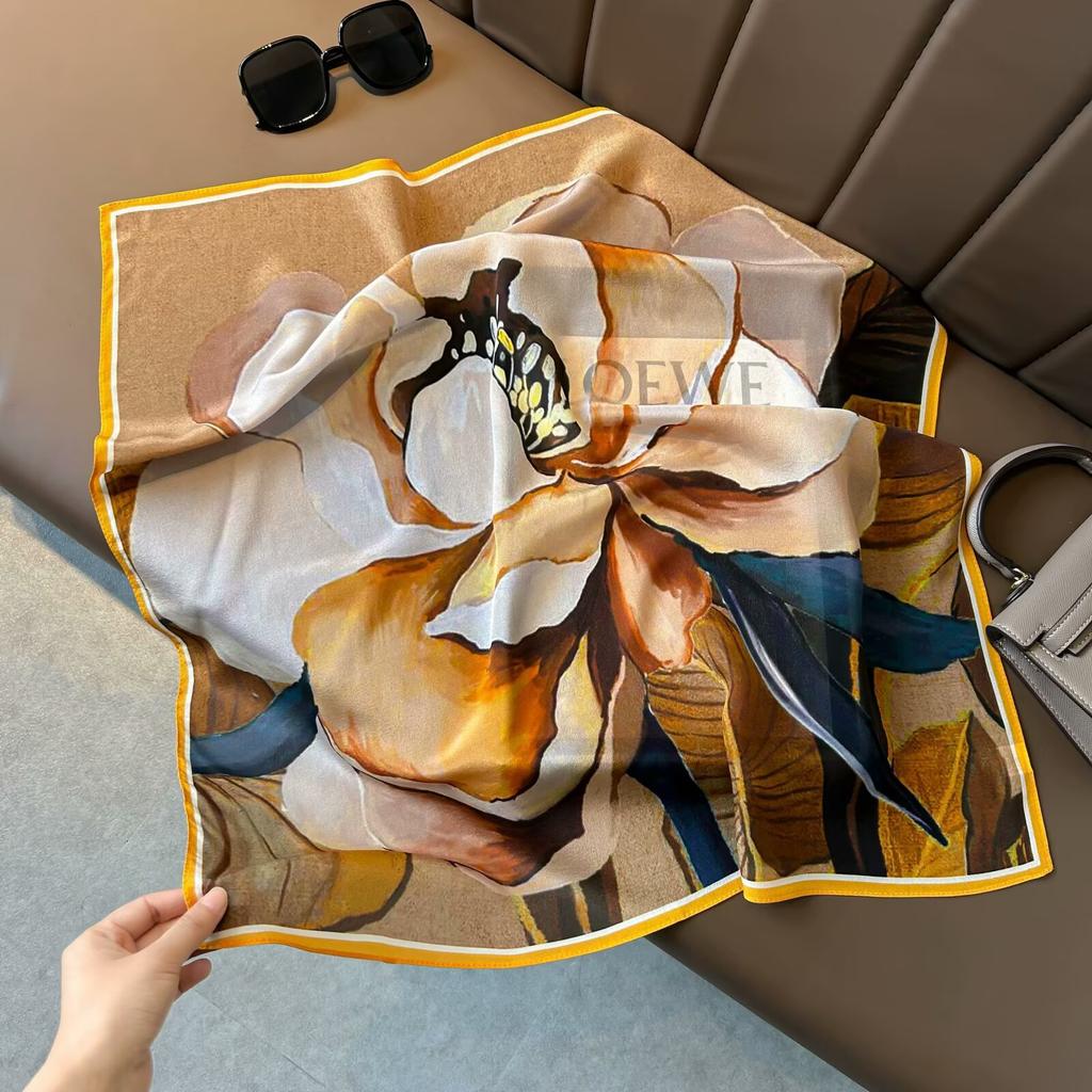 Retro Old Money Wind Silk Double Crepe Silk Scarf Women's Spring and Summer Senior Sense Versatile 100% Mulberry Silk Square Scarf Thin Scarf