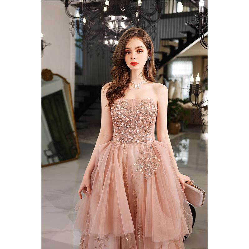 One-word Shoulder Evening Dress 1011 New High-end Atmospheric Pink Performance Birthday Party Host Wedding Dress Female