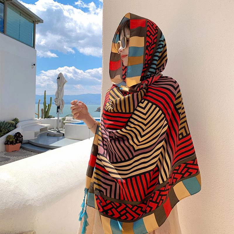 New Spring and Summer Seaside Beach Towel Cotton and Linen Ethnic Style Travel Dual-purpose Silk Scarf Sunscreen Scarf Shawl Printed Shawl