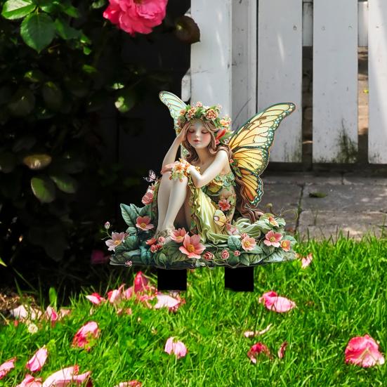 Flower Fairy Garden Stake, 2D Acrylic Fairy with Butterfly Wings Yard Art Stake, Waterproof Outdoor Fairy Tale Decoration for Yard Lawn Planter