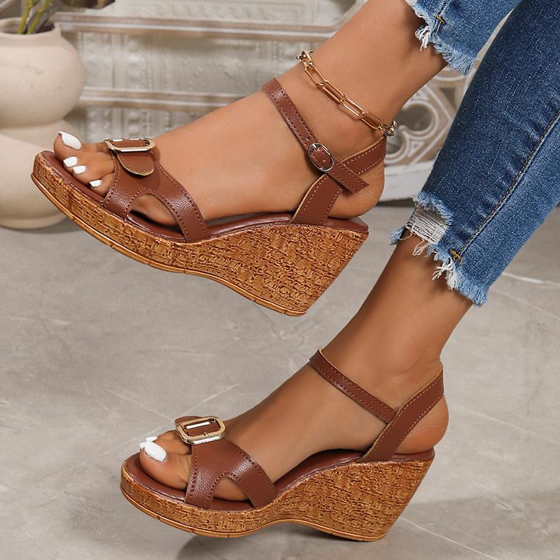 Fashion Retro Buckle Decor Wedges Sandals Women Plus Size Ankle Strap Thick Sole Non Slip Casual Shoes Summer Chunky Platform Sandalias
