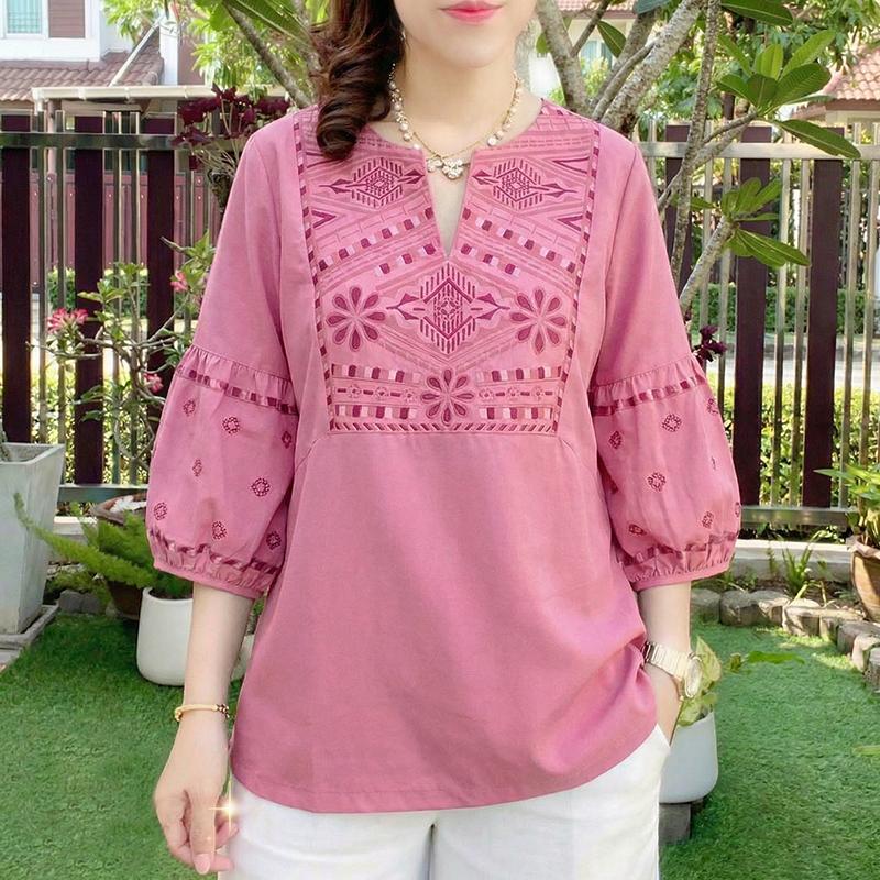 ZANZEA Womens Casual V-Neck 3/4 Sleeve Loose Print Blouse