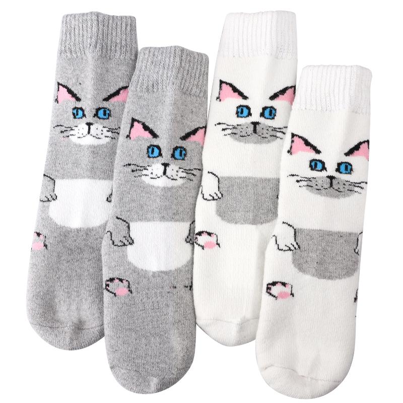 2Pairs Cartoon Cat Wool Socks for Women Thick Soft Warm Mid Tube Socks Winter Fleece Terry Loop Socks Outdoor Sports Gray