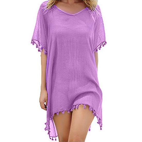 Swimsuit Cover Up Solid Color Loose Bikini Dress See-through Tassel for Holiday